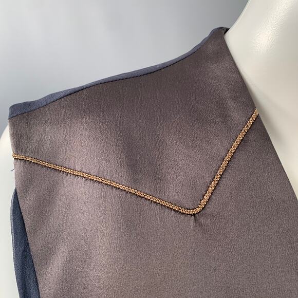 Size S Navy Black Chiffon Two Tone Monili Beading V-Neck Blouse - Picture 2 of 9